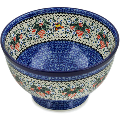 Polish Pottery Bowl with Pedestal 10&quot; Butterfly Berries UNIKAT