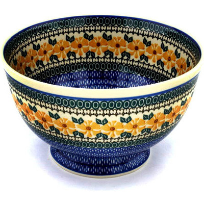 Polish Pottery Bowl with Pedestal 10&quot; Golden Medley