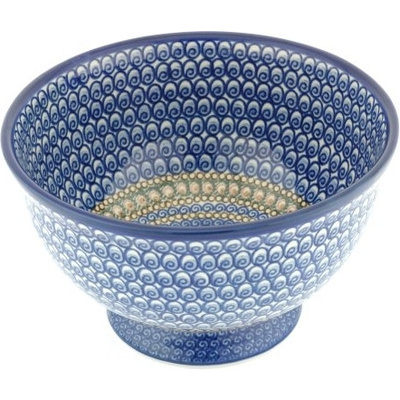 Polish Pottery Bowl with Pedestal 10&quot; Royal Peacock UNIKAT