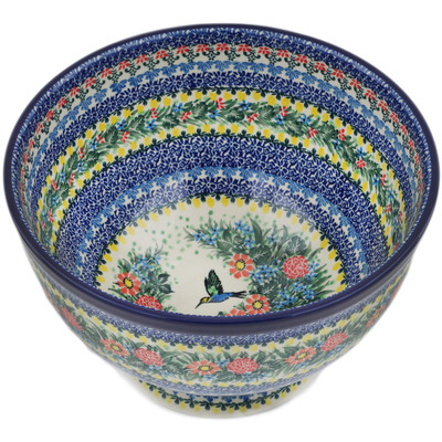 Polish Pottery Bowl with Pedestal 10&quot; Solo Hummingbird UNIKAT