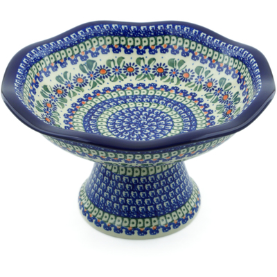 Polish Pottery Bowl with Pedestal 11&quot; Aster Party UNIKAT