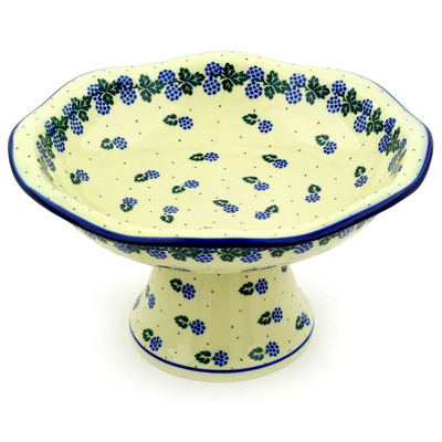 Polish Pottery Bowl with Pedestal 11&quot; Blackberry Delight