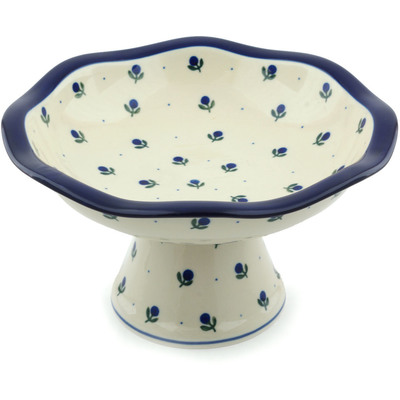 Polish Pottery Bowl with Pedestal 11&quot; Blue Buds