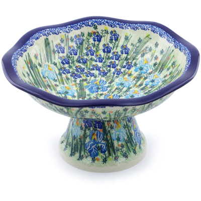Polish Pottery Bowl with Pedestal 11&quot; Blue Iris Delight UNIKAT