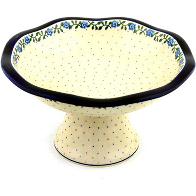 Polish Pottery Bowl with Pedestal 11&quot; Blue Rose Vine
