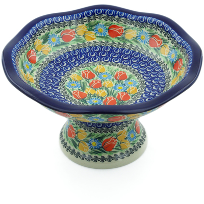 Polish Pottery Bowl with Pedestal 11&quot; Breathtaking Tulips UNIKAT