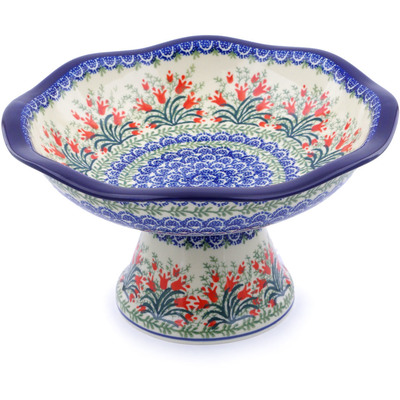 Polish Pottery Bowl with Pedestal 11&quot; Crimson Bells