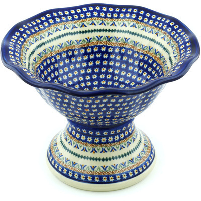Polish Pottery Bowl with Pedestal 11&quot; Floral Peacock UNIKAT