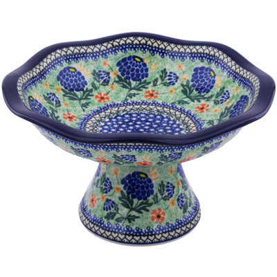 Polish Pottery Bowl with Pedestal 11&quot; Grape Hyacinth UNIKAT