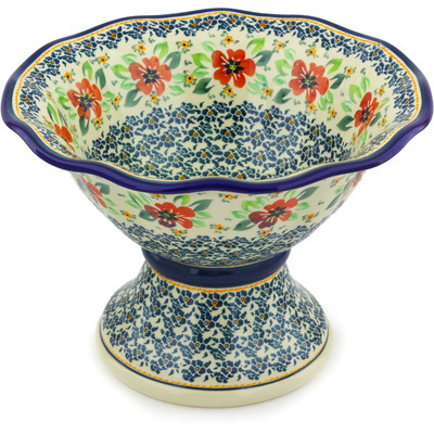 Polish Pottery Bowl with Pedestal 11&quot; Nightingale Flower