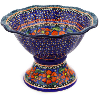 Polish Pottery Bowl with Pedestal 11&quot; Poppies UNIKAT