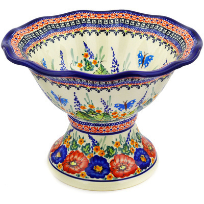 Polish Pottery Bowl with Pedestal 11&quot; Spring Splendor UNIKAT