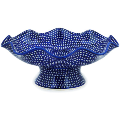 Polish Pottery Bowl with Pedestal 15&quot; Tiny Peacock Eyes UNIKAT
