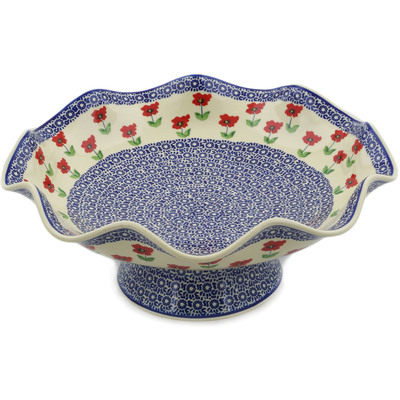 Polish Pottery Bowl with Pedestal 15&quot; Wind-blown Poppies