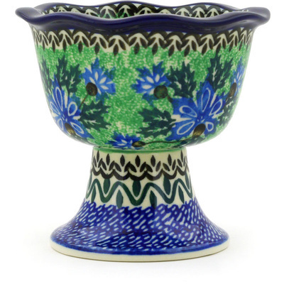 Polish Pottery Bowl with Pedestal 4&quot; Blue Holly Flowers UNIKAT