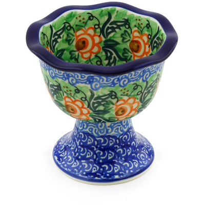 Polish Pottery Bowl with Pedestal 4&quot; Blue Waves UNIKAT