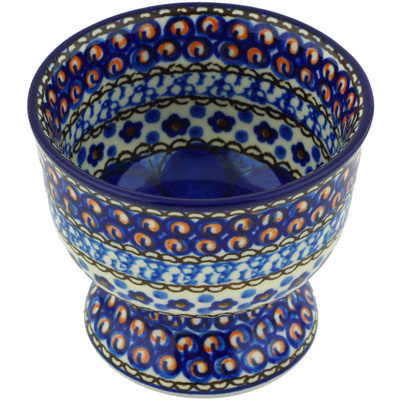 Polish Pottery Bowl with Pedestal 4&quot; Cobalt Poppies UNIKAT