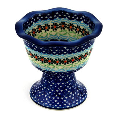 Polish Pottery Bowl with Pedestal 4&quot; Daisies By The Sea