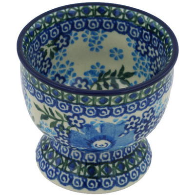 Polish Pottery Bowl with Pedestal 4&quot; Garden Blues UNIKAT