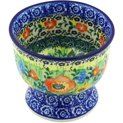 Polish Pottery Bowl with Pedestal 4&quot; Hidden Meadow UNIKAT