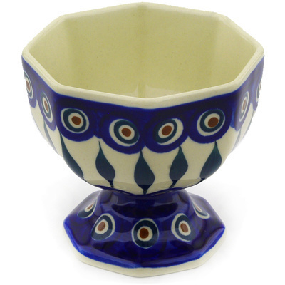 Polish Pottery Bowl with Pedestal 4&quot; Peacock