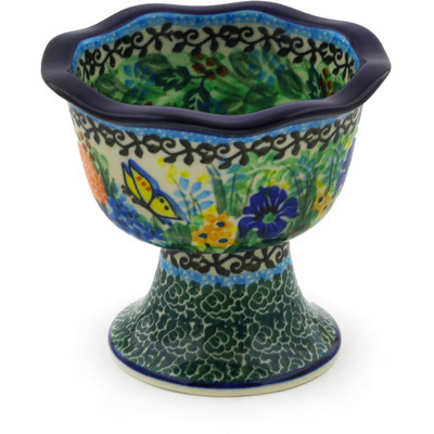 Polish Pottery Bowl with Pedestal 4&quot; Spring Garden UNIKAT