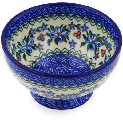 Polish Pottery Bowl with Pedestal 5&quot; Azure Blooms