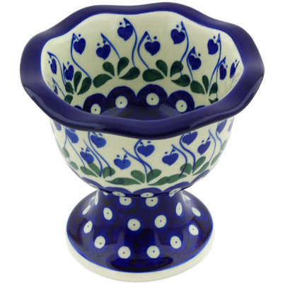 Polish Pottery Bowl with Pedestal 5&quot; Bleeding Heart Peacock