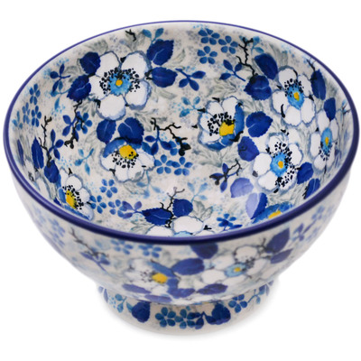 Polish Pottery Bowl with Pedestal 5&quot; Blossoming Blues UNIKAT
