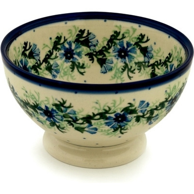 Polish Pottery Bowl with Pedestal 5&quot; Blue Bell Wreath