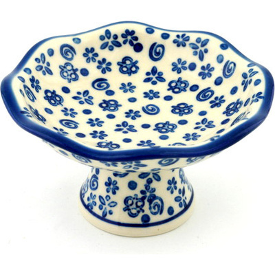 Polish Pottery Bowl with Pedestal 5&quot; Blue Confetti