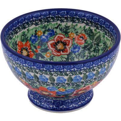 Polish Pottery Bowl with Pedestal 5&quot; Blue Daisy Bouquet UNIKAT