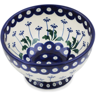 Polish Pottery Bowl with Pedestal 5&quot; Blue Daisy Peacock
