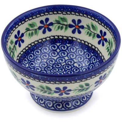 Polish Pottery Bowl with Pedestal 5&quot; Blue Daisy Swirls