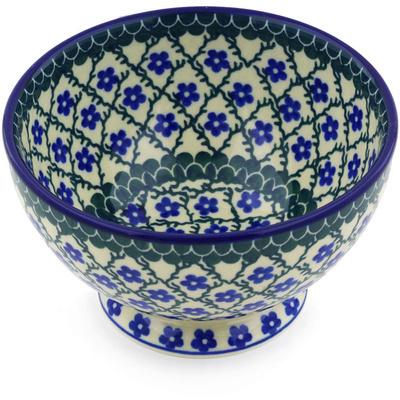 Polish Pottery Bowl with Pedestal 5&quot; Blue Daisy Trellis