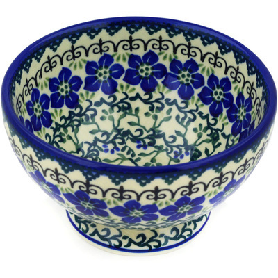 Polish Pottery Bowl with Pedestal 5&quot; Blue Dogwood