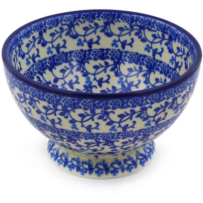 Polish Pottery Bowl with Pedestal 5&quot; Blue Floral Lace