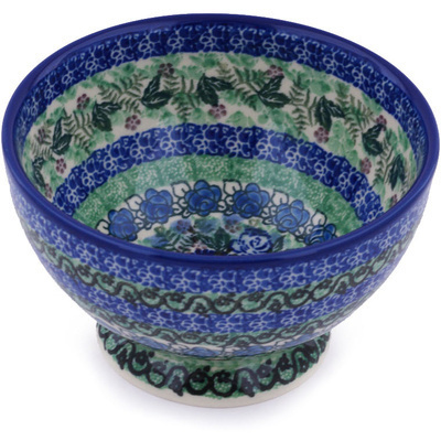 Polish Pottery Bowl with Pedestal 5&quot; Blue Meadow UNIKAT