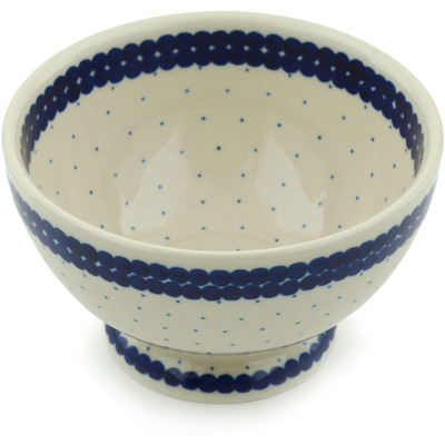 Polish Pottery Bowl with Pedestal 5&quot; Blue Polka Dot