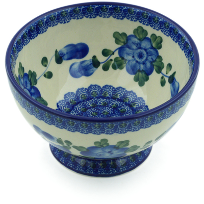 Polish Pottery Bowl with Pedestal 5&quot; Blue Poppies