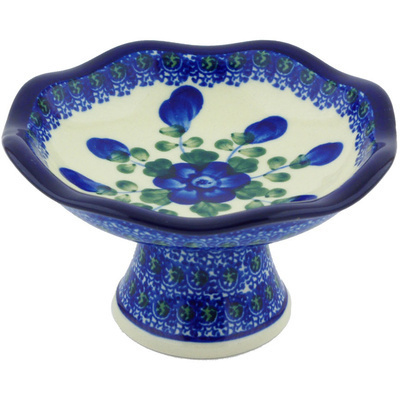 Polish Pottery Bowl with Pedestal 5&quot; Blue Poppies