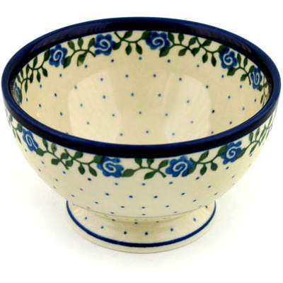 Polish Pottery Bowl with Pedestal 5&quot; Blue Rose Vine