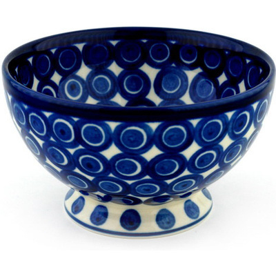 Polish Pottery Bowl with Pedestal 5&quot; Blueberry Peacock