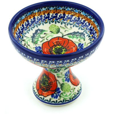 Polish Pottery Bowl with Pedestal 5&quot; Bursts Of Red UNIKAT
