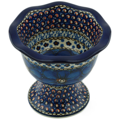 Polish Pottery Bowl with Pedestal 5&quot; Cobalt Poppies UNIKAT