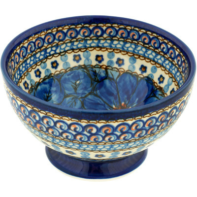 Polish Pottery Bowl with Pedestal 5&quot; Cobalt Poppies UNIKAT