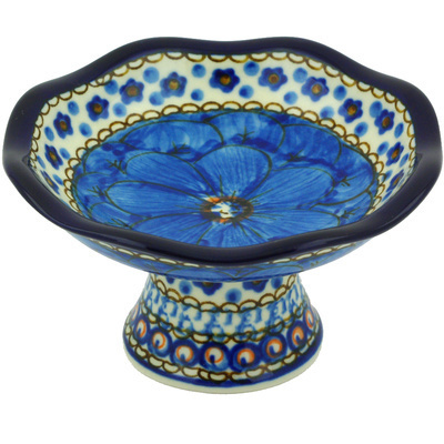 Polish Pottery Bowl with Pedestal 5&quot; Cobalt Poppies UNIKAT