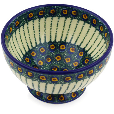 Polish Pottery Bowl with Pedestal 5&quot; Emerald Peacock