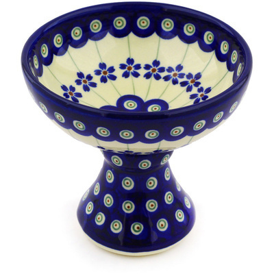 Polish Pottery Bowl with Pedestal 5&quot; Flowering Peacock