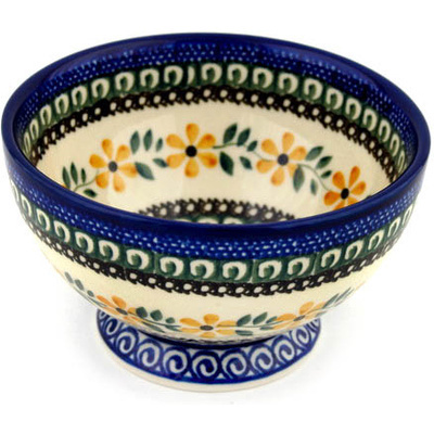 Polish Pottery Bowl with Pedestal 5&quot; Golden Daisy Swirl
